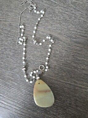 Vtg. Beaded Chain Necklace W/Jasper Pendant 22"